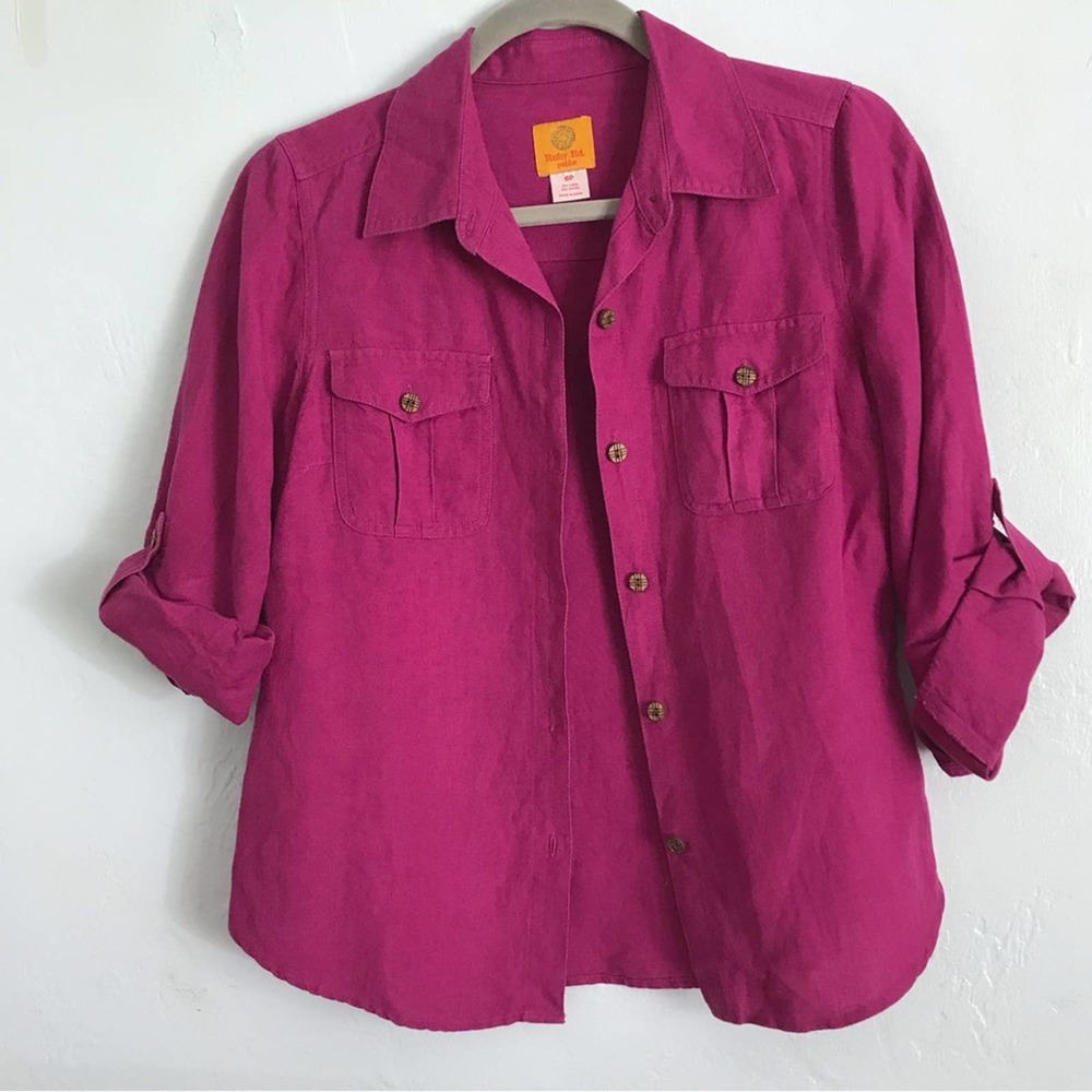 Ruby Rd. Magenta button up linen shirt with pockets sz 6P fall basic